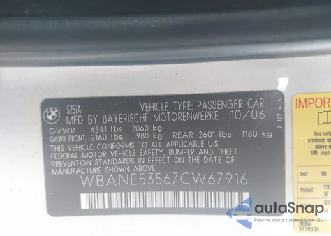 2007 BMW 525I z USA, uszkodzony, nr VIN WBANE53567CW67916